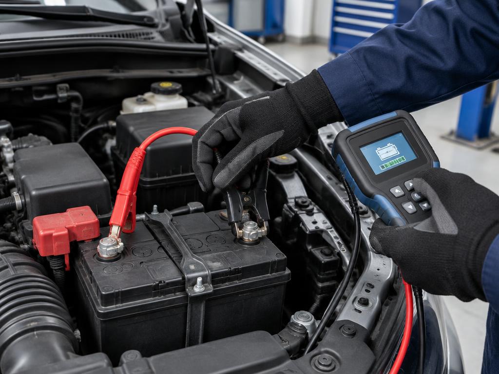 Illustration of a battery tester connected to car battery terminals