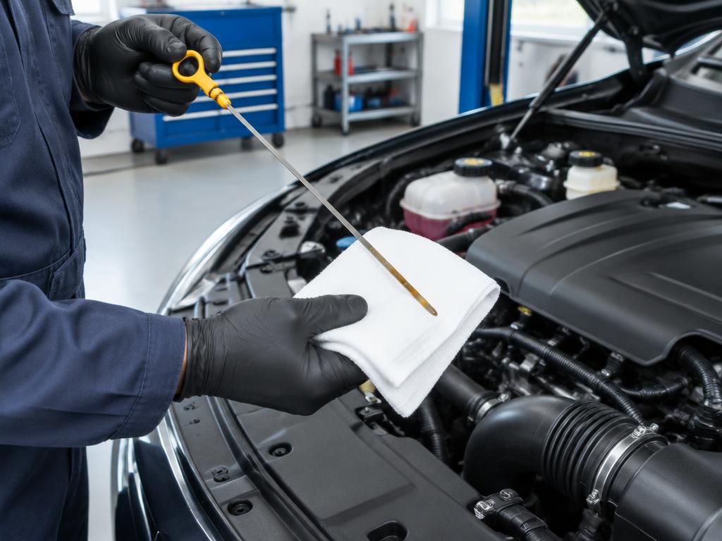 Illustration of a technician checking an engine oil dipstick