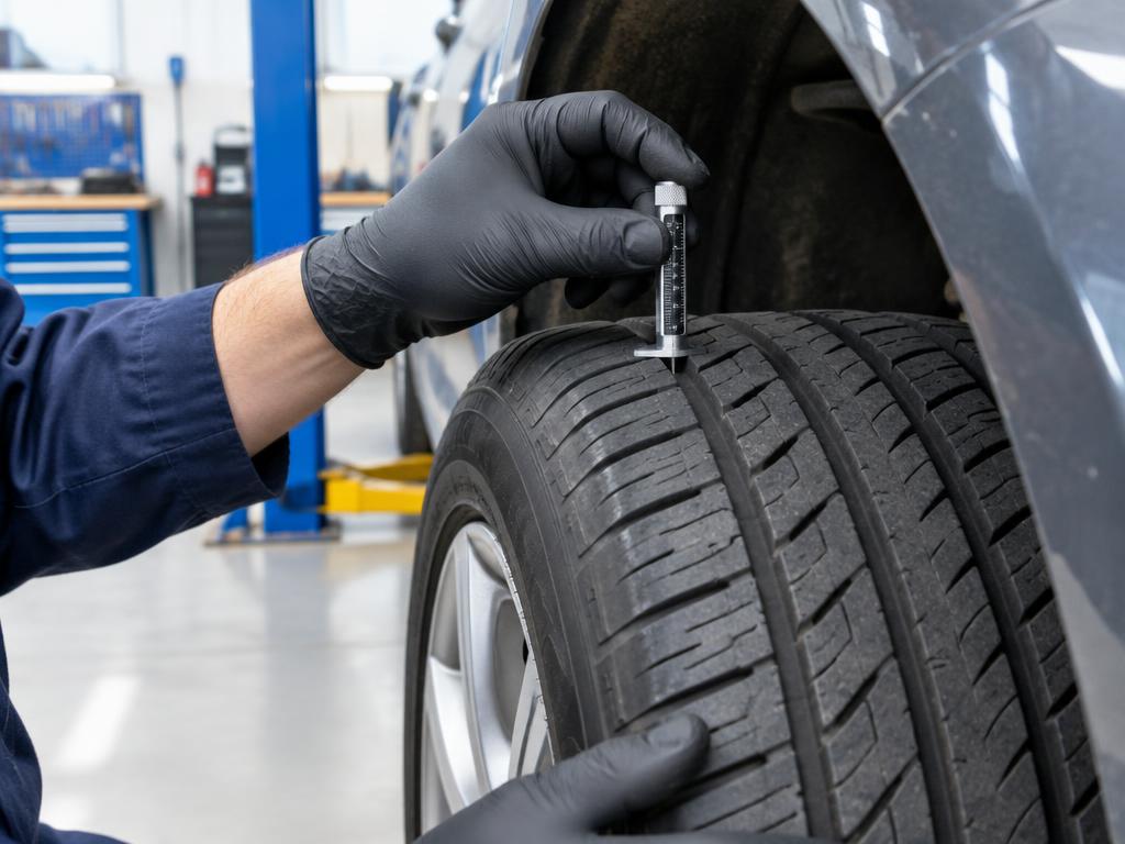 Illustration of a technician measuring tire tread depth